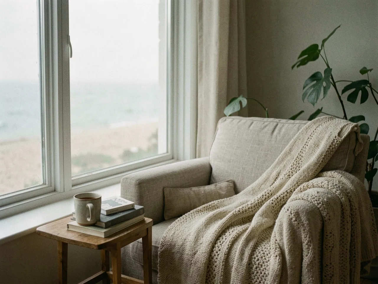 A cozy reading nook with an armchair, knit throw, and a view of the sea