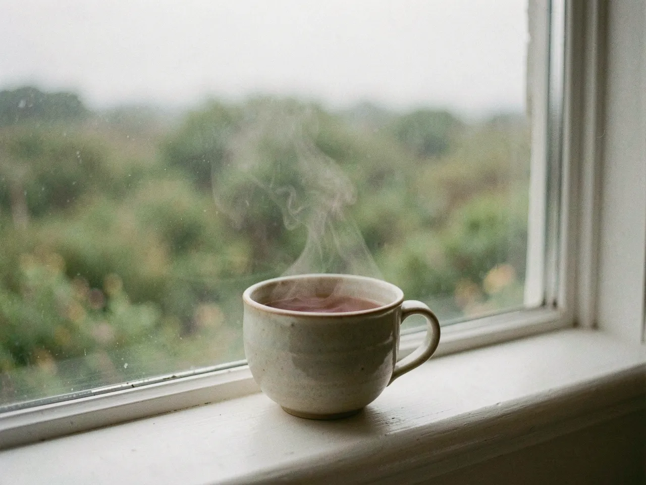A steaming cup of tea on a windowsill overlooking a garden